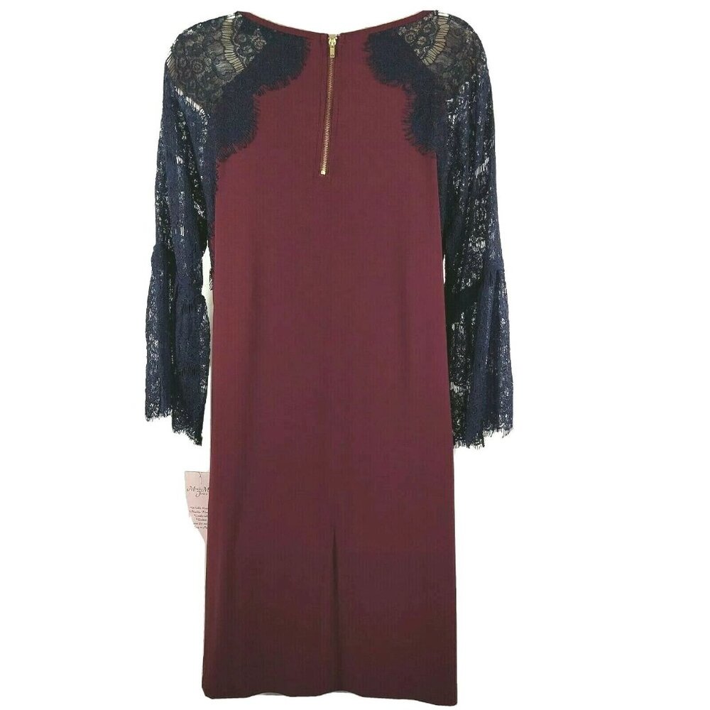 Nina Leonard Shift Dress Women Size M Wine Red Blue Lace Bell Sleeves Pocket NEW - Picture 7 of 10